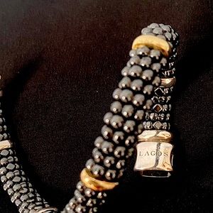 LAGOS Black 18k Gold 5 Station Caviar Bracelet with Pouch Size Med